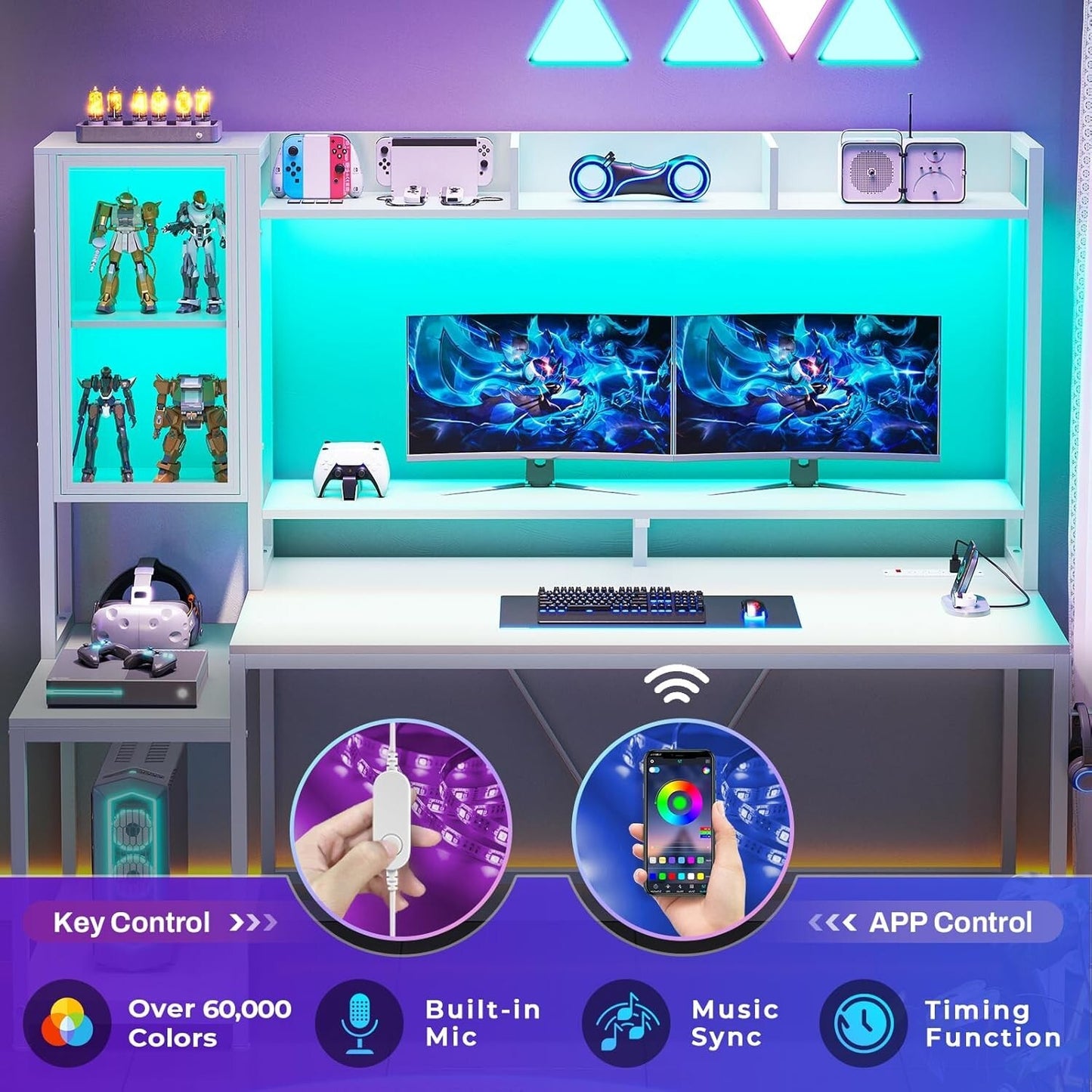 60'' Gaming Desk with Hutch and LED Lights, Computer Desk with Storage Shelves