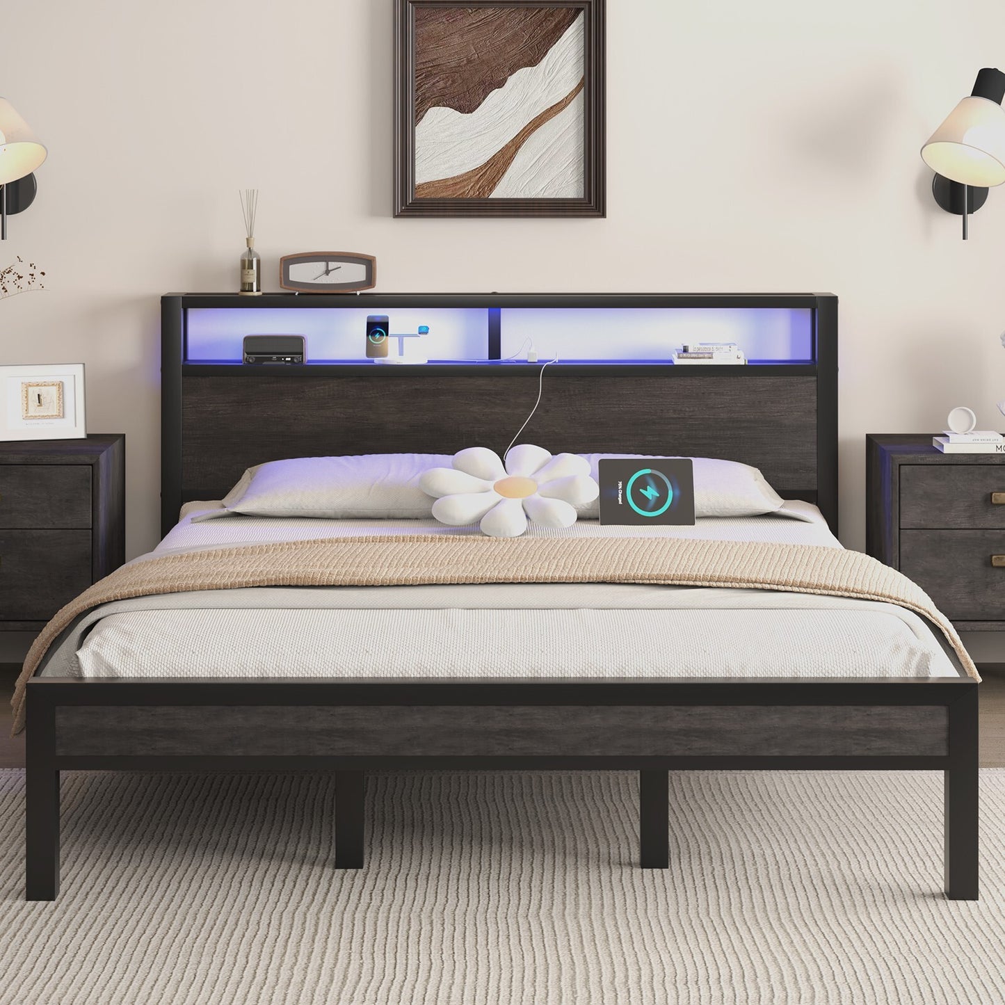 LED Light Bed Frame with 2-Tier Storage Headboard and Charging Station/Grey