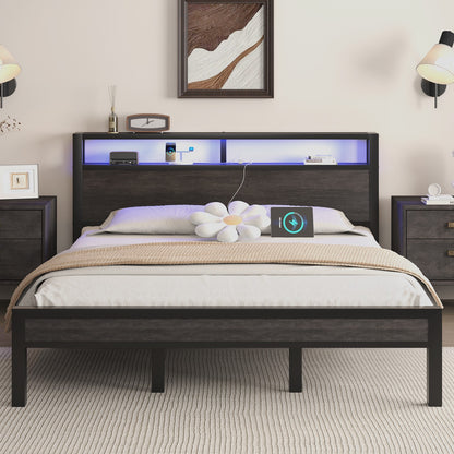 LED Light Bed Frame with 2-Tier Storage Headboard and Charging Station/Grey