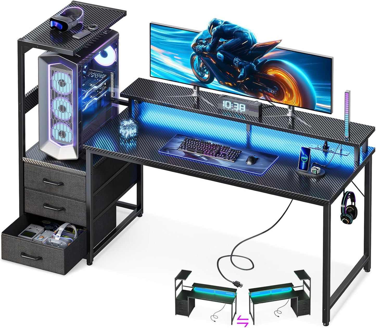 59 Inch Gaming Desk with USB Charging Ports & LED Light - Reversible Computer De