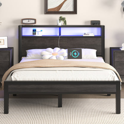 LED Light Bed Frame with 2-Tier Storage Headboard and Charging Station/Grey