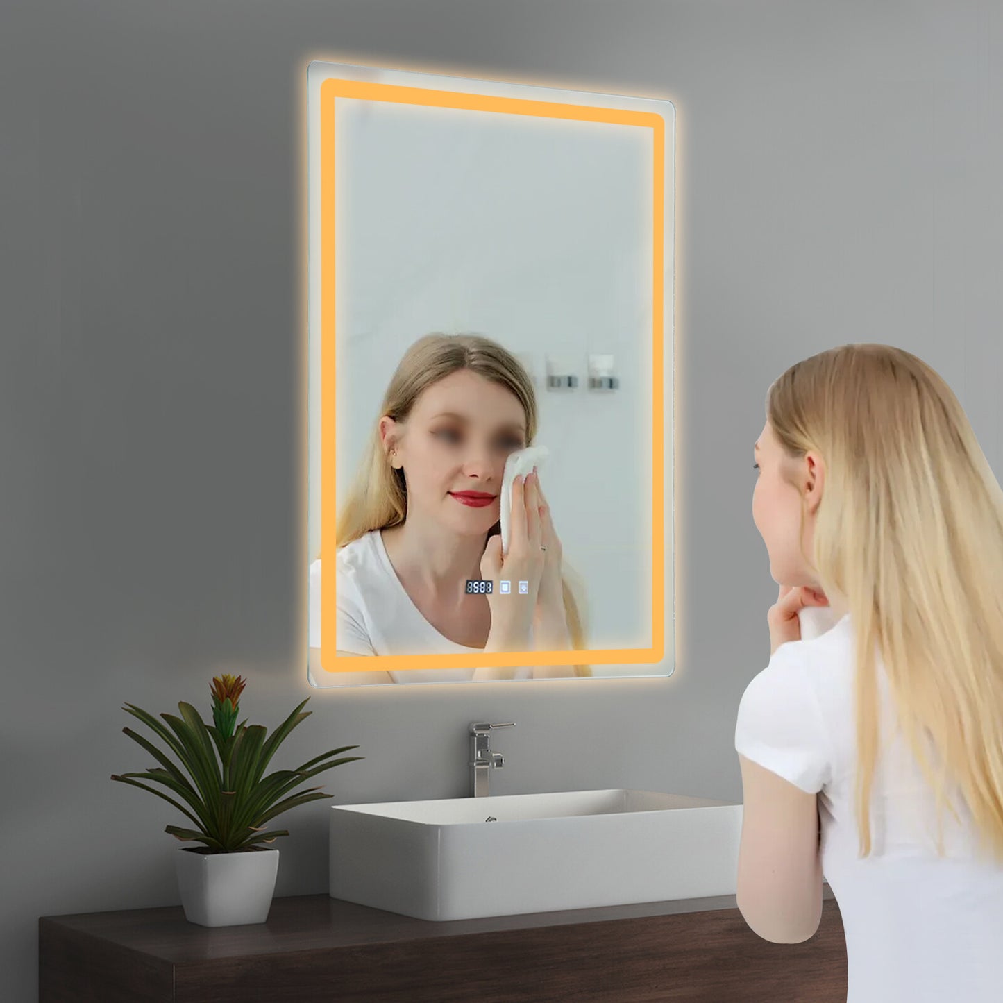 Dimmable LED Bathroom Mirror with Anti-Fog Function and Time Display 60×80 cm
