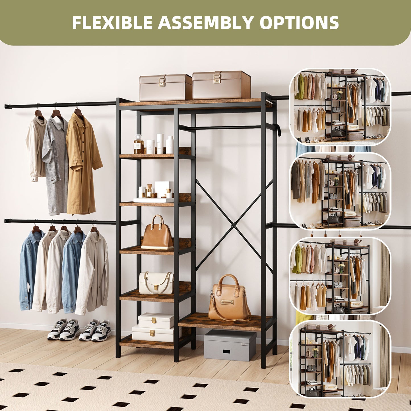 Adjustable Heavy-Duty Clothes Rack Walk-In Closet Organizer for 7 to 10 FT Wide
