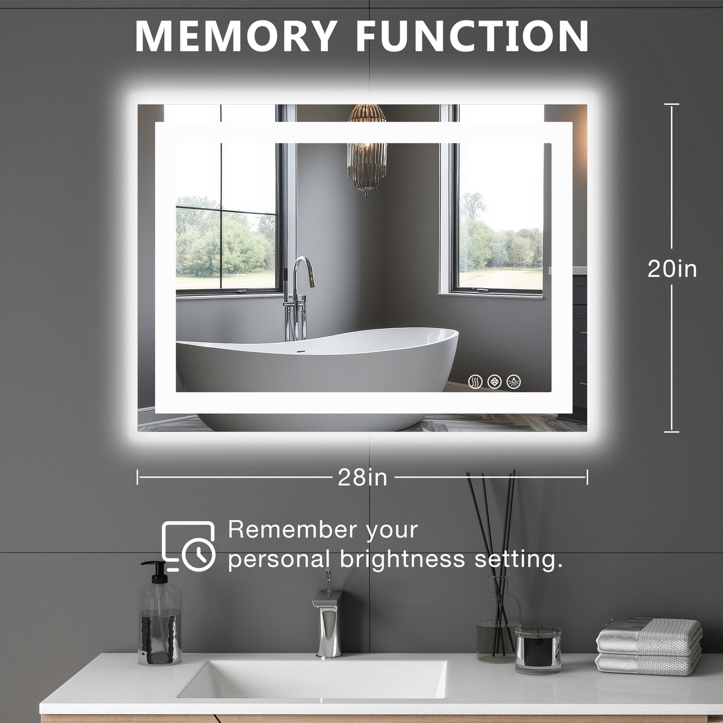 LED Dimmable Lighted Bathroom Mirror Anti-Fog Wall Mounted Rectangle Mirror