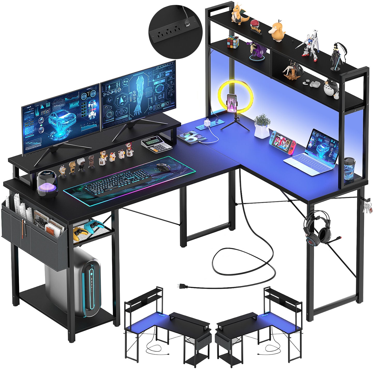 Reversible L-Shaped Computer Desk Gaming Desk with LED Lights and Power Outlets