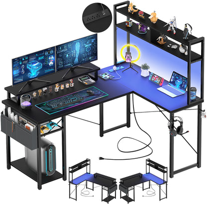 Reversible L-Shaped Computer Desk Gaming Desk with LED Lights and Power Outlets
