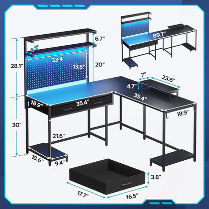 L Shaped Gaming Desk with LED Lights&Monitor Stand Computer Desk for Home Office