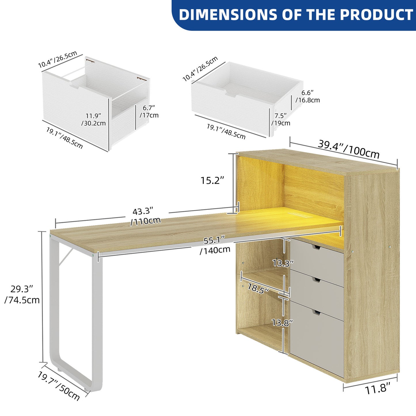55" Computer Desk L Shaped Desk with Drawers & Power Outlets with Bookshelf