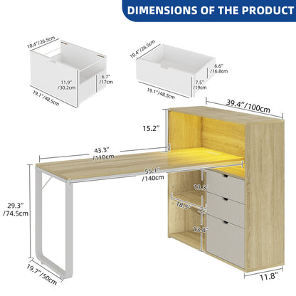 55" Computer Desk L Shaped Desk with Drawers & Power Outlets with Bookshelf