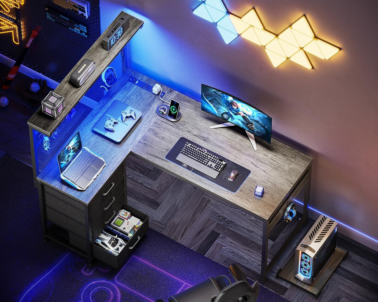 Office Table Reversible Computer Desk L Shaped Gaming Desk w/ Hook & LED Lights