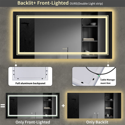 Bathroom Mirror with Front+Backlit Lights Dimmable Wall Vanity Mirrors Anti-Fog