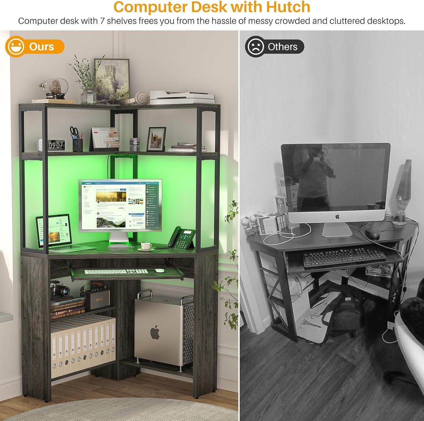 Triangle Corner Computer Desk with Keyboard Tray & Hutch & LED Lights & Outlets