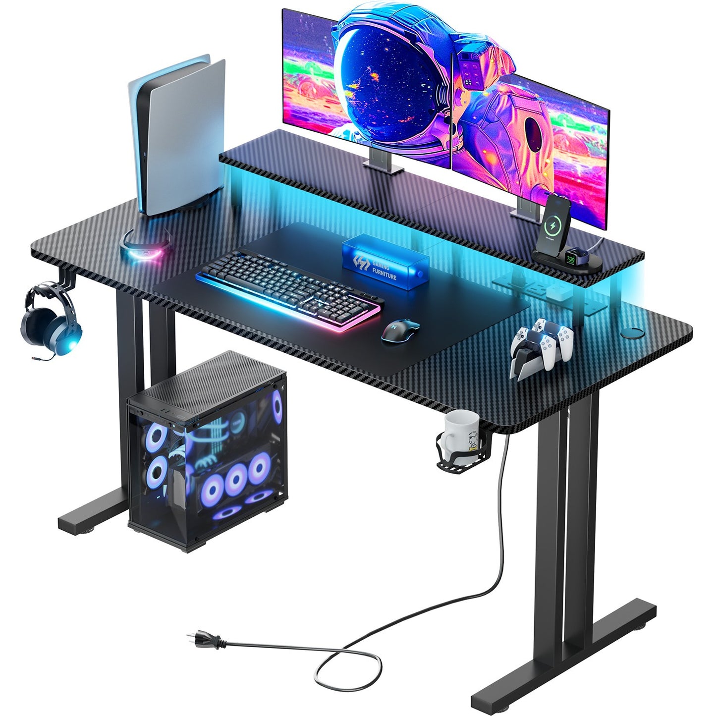 47/55/63" Gaming Desk with LED & Power Outlets, Computer Desk with Monitor Stand