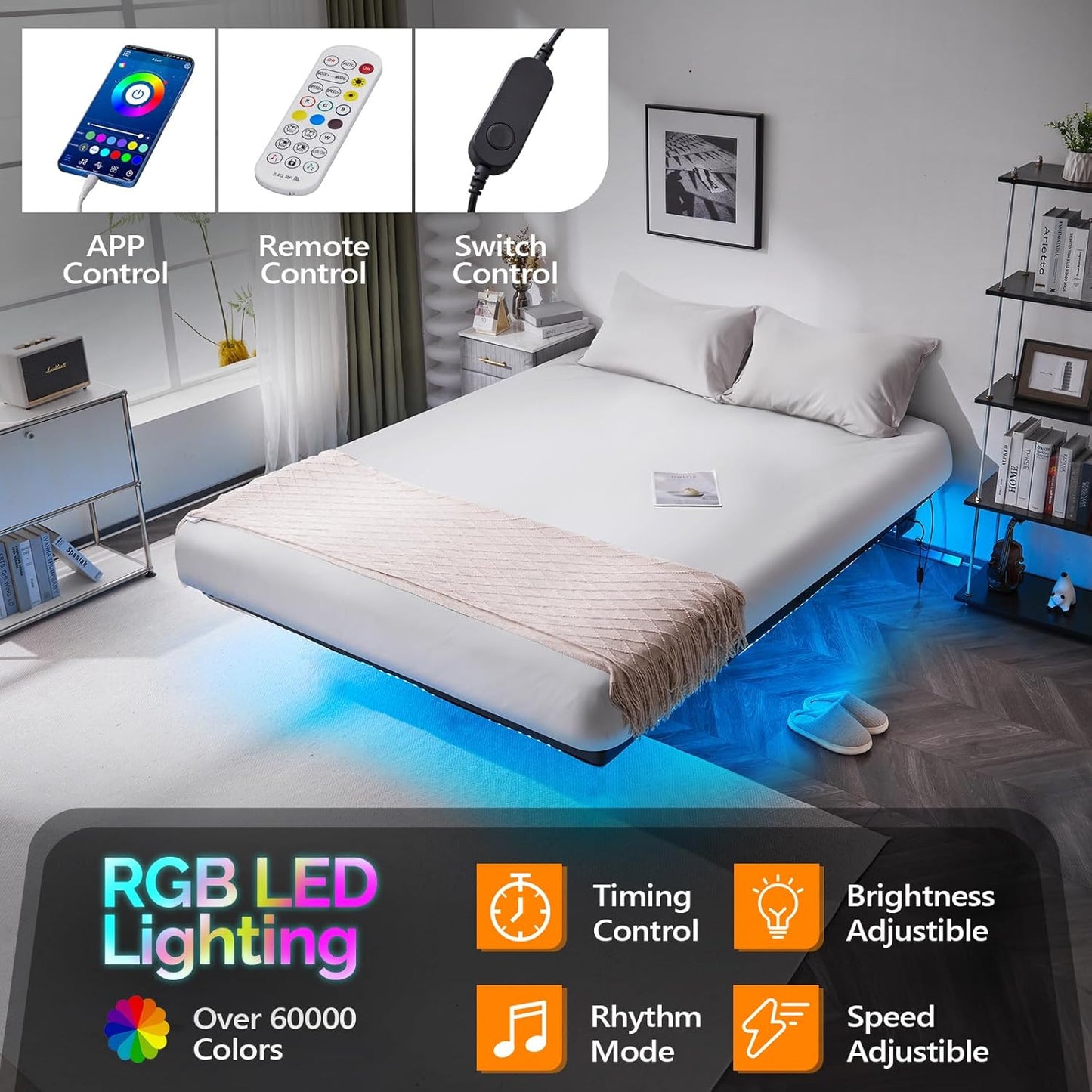 Floating Bed Frame Full with USB Charging Station/LED Lights 14'' Platform Bed