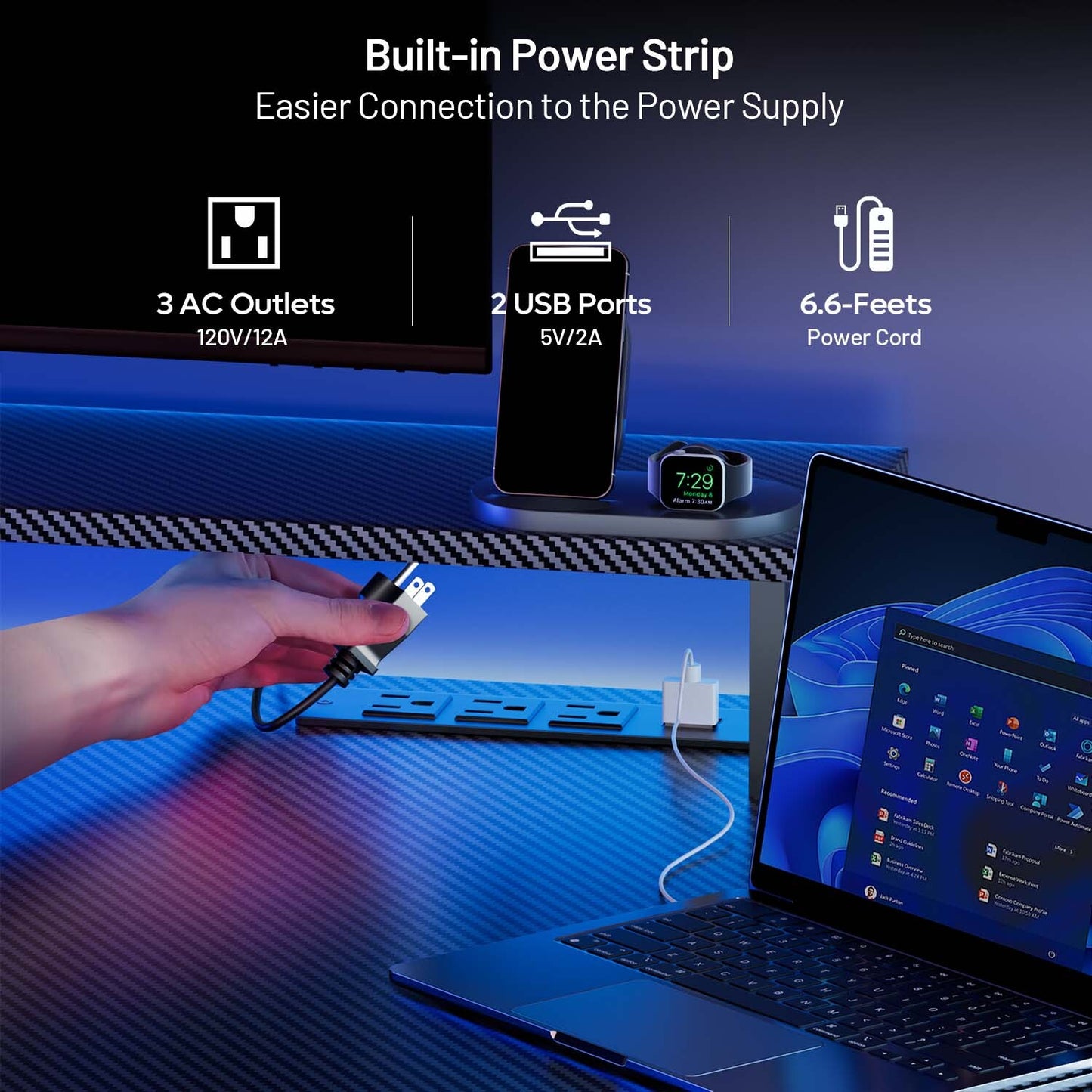 Gaming Desk with LED Lights & Power Outlets, Gamer Desk with Monitor Stand