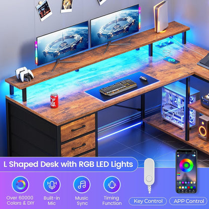 L Shaped Desk with 4 Drawers &Storage Shelves, Corner Computer Desk w/LED Lights