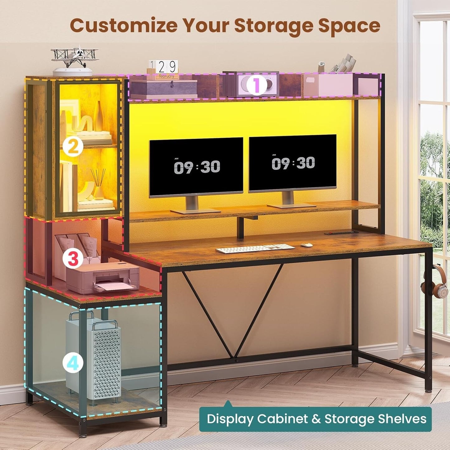 60'' Gaming Desk with Hutch and LED Lights, Computer Desk with Storage Shelves