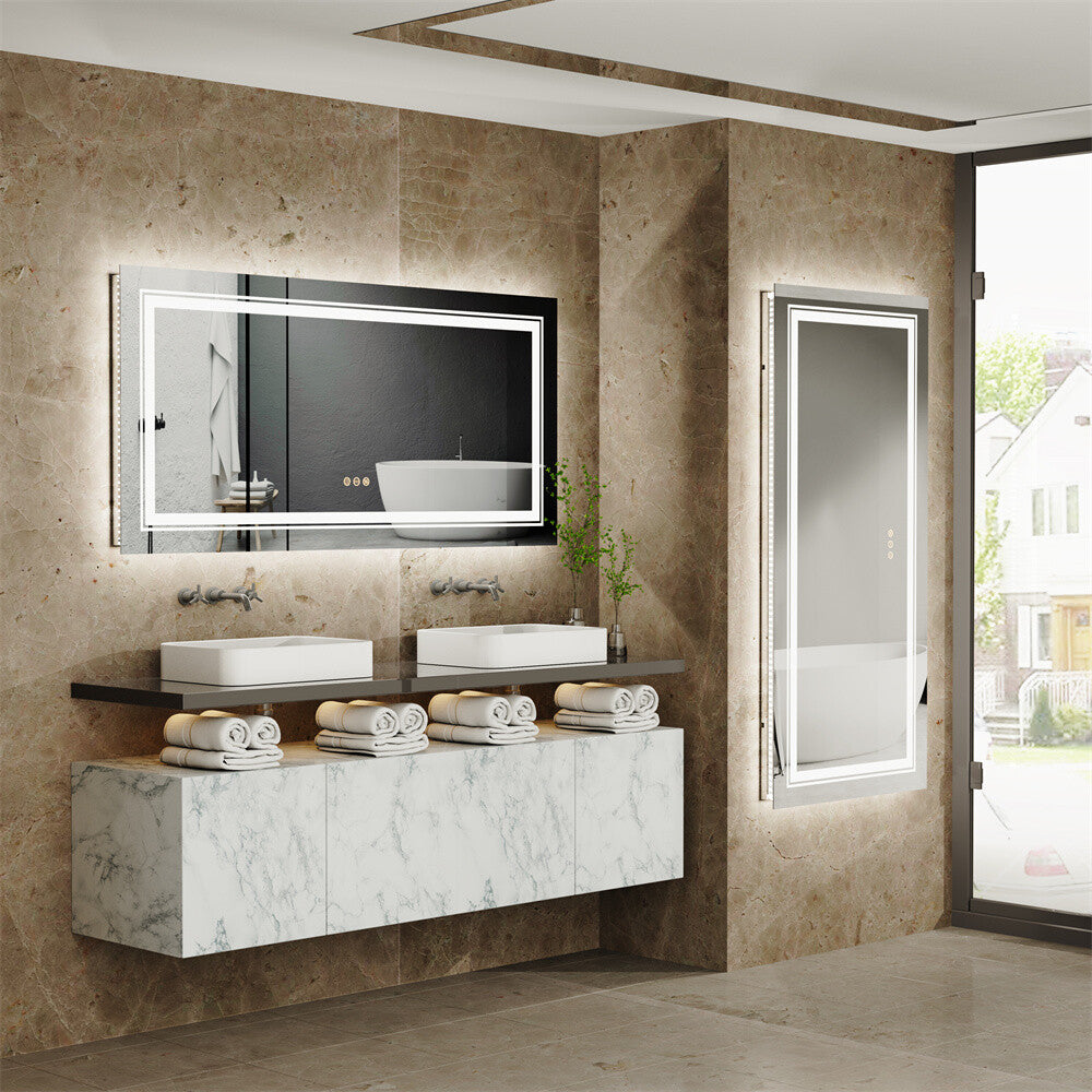 Bathroom Mirror with Front+Backlit Lights Dimmable Wall Vanity Mirrors Anti-Fog