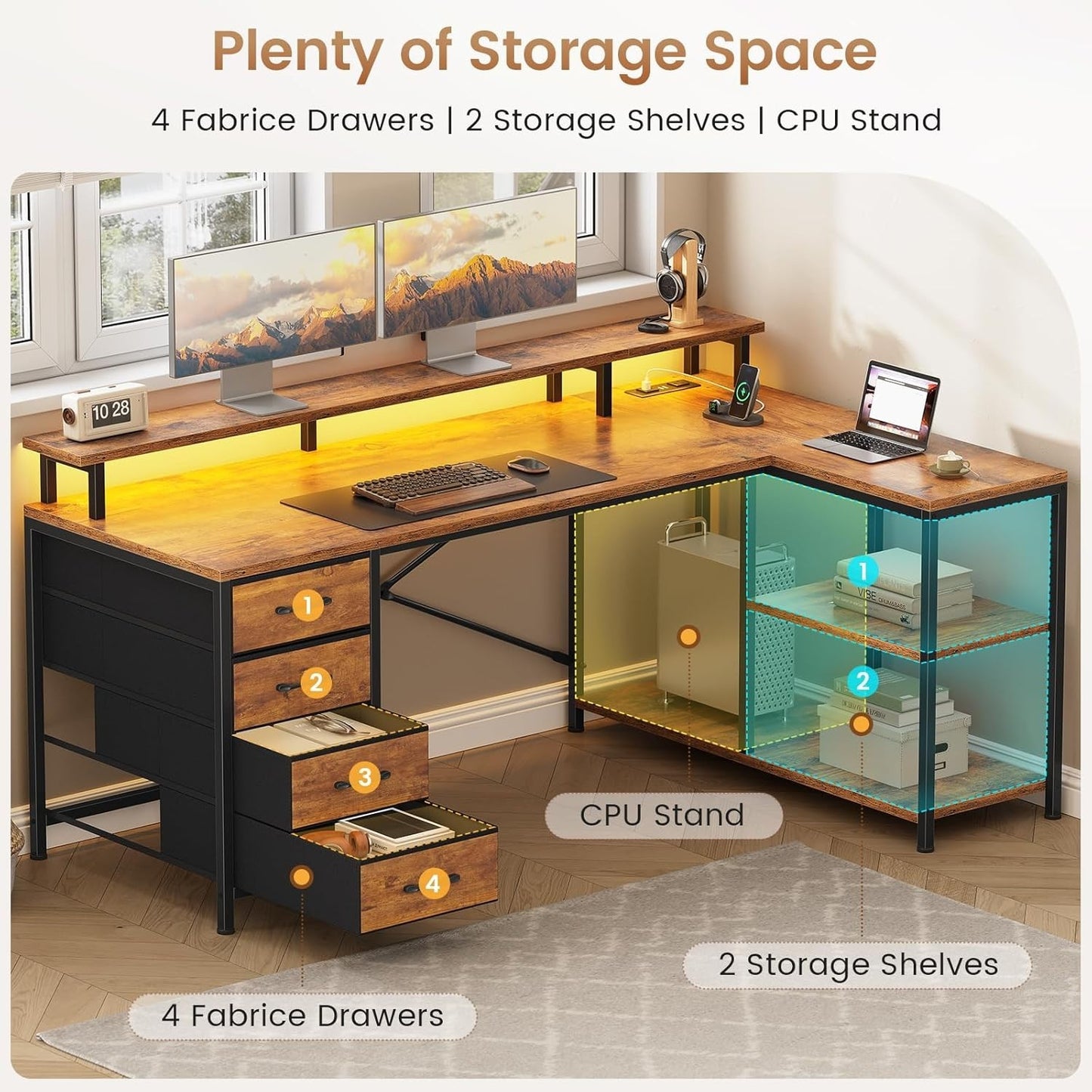 L Shaped Desk with 4 Drawers &Storage Shelves, Corner Computer Desk w/LED Lights