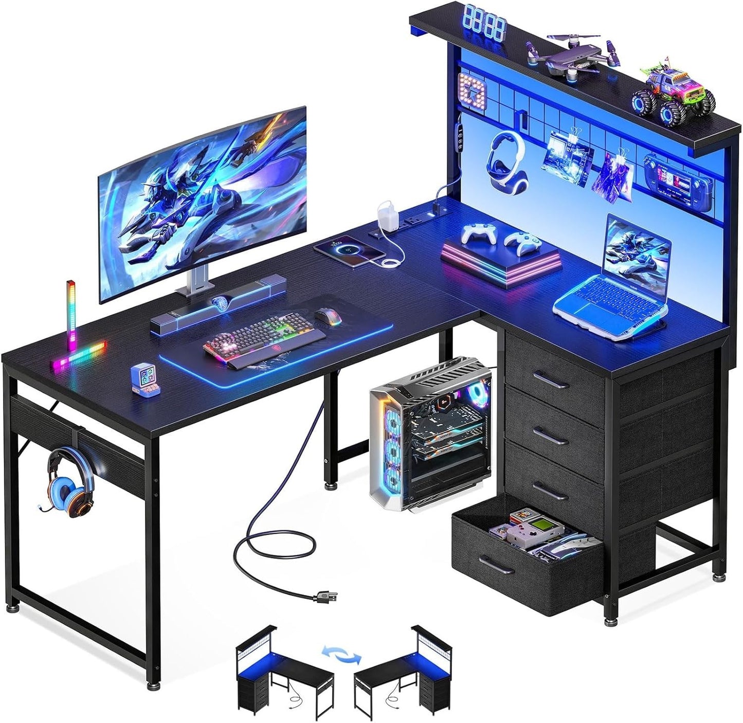 Office Table Reversible Computer Desk L Shaped Gaming Desk w/ Hook & LED Lights