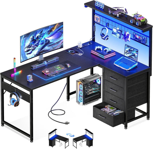 Office Table Reversible Computer Desk L Shaped Gaming Desk w/ Hook & LED Lights