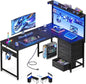 Office Table Reversible Computer Desk L Shaped Gaming Desk w/ Hook & LED Lights