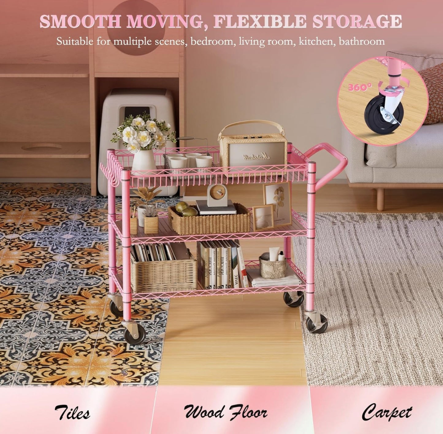 Heavy Duty Utility Cart with Handle 990lbs Capacity Metal 3 Tier Rolling Carts