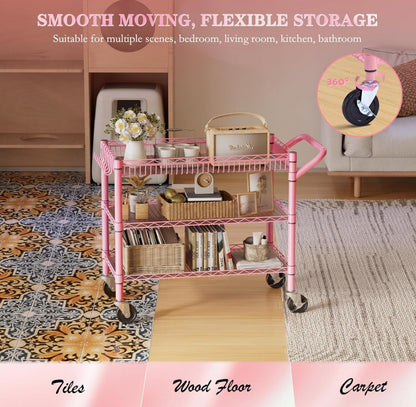 Heavy Duty Utility Cart with Handle 990lbs Capacity Metal 3 Tier Rolling Carts