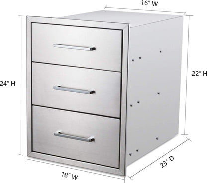 Outdoor Kitchen Drawers Stainless Steel 3-Drawer BBQ Drawer 18"W x 24"H x 23"D