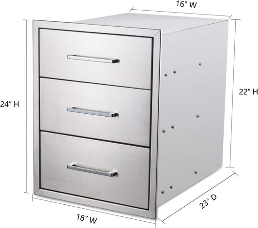 Outdoor Kitchen Drawers Stainless Steel 3-Drawer BBQ Drawer 18"W x 24"H x 23"D