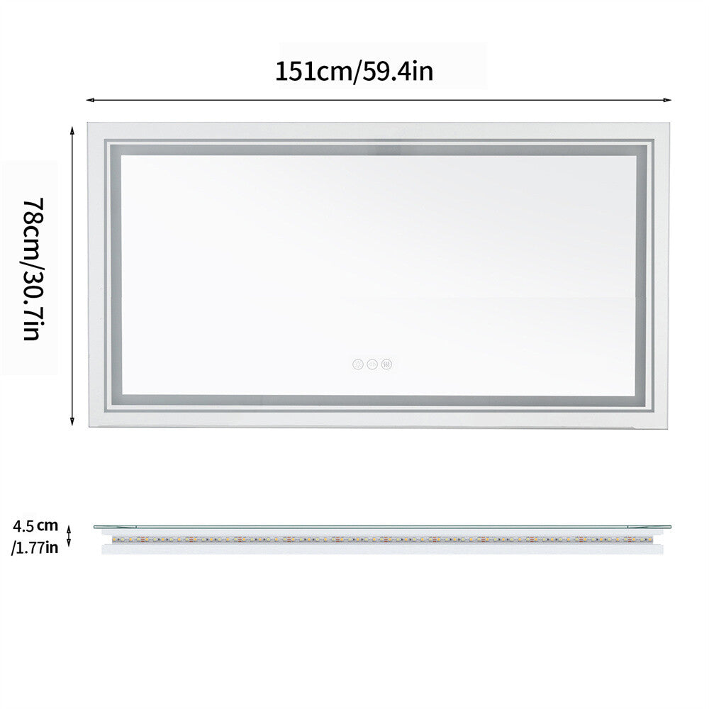 Shatter-Proof LED Bathroom Mirror with Lights Anti-Fog Stepless Dimmable Memory