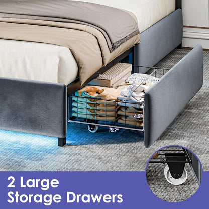 Queen Size Bed Frame with LED Lights Velvet Upholstered Platform with Storage f