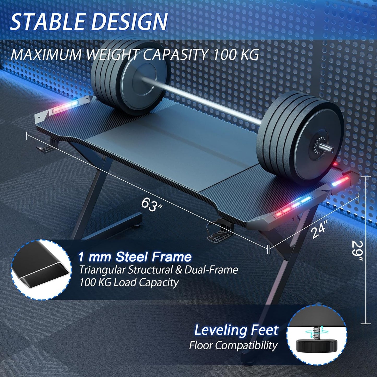 40/47/55/63 inch Gaming Desk with LED RGB Ergonomic Computer Table Gamer Desk