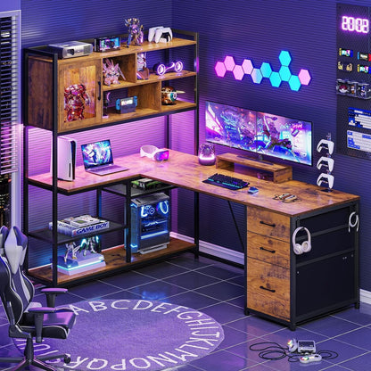 L Shaped Computer Desk with LED Light &Bookshelf 58'' Office Desk with 3 Drawers