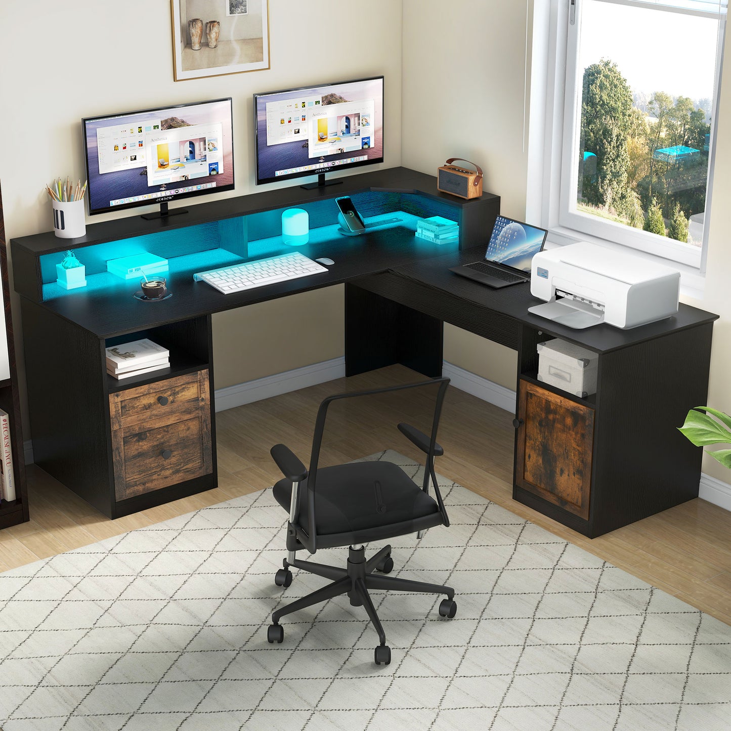 60" Lift Top L Shaped Desk with Power Outlets & LED Lights Corner Computer Desk