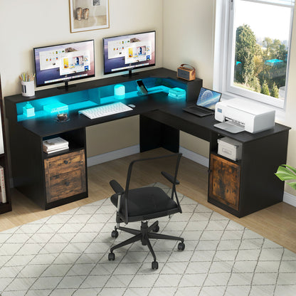 60" Lift Top L Shaped Desk with Power Outlets & LED Lights Corner Computer Desk