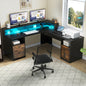 60" Lift Top L Shaped Desk with Power Outlets & LED Lights Corner Computer Desk