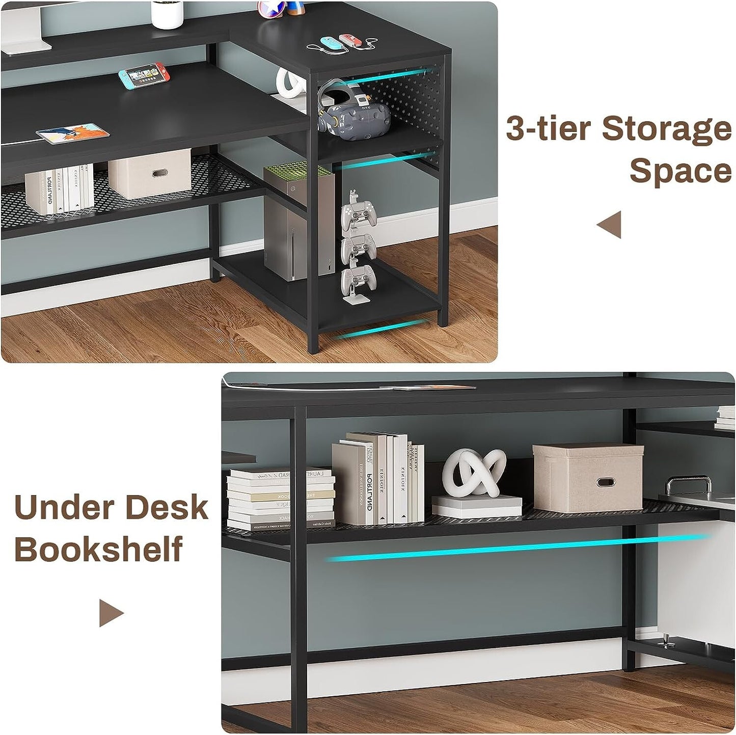 L Shaped Gaming Desk with Power Outlets and LED Strip, Reversible Computer Desk