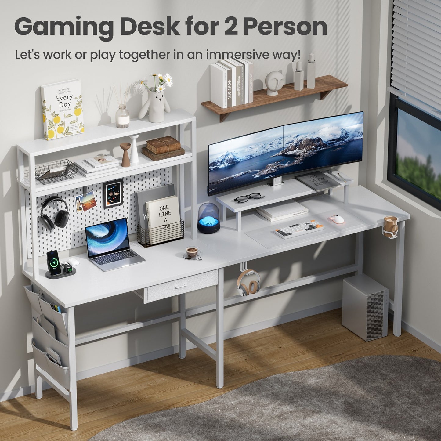 L Shaped Gaming Desk with LED & Power Outlets, Computer Desk with Monitor Stand