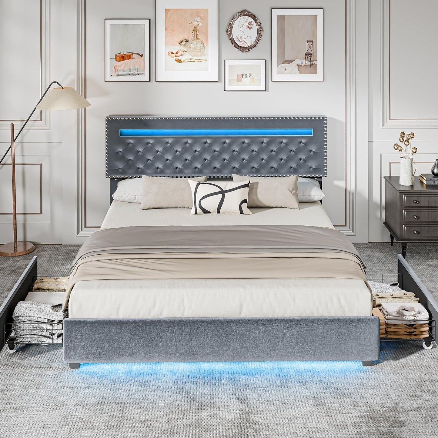 Queen Size Bed Frame with LED Lights Velvet Upholstered Platform with Storage f
