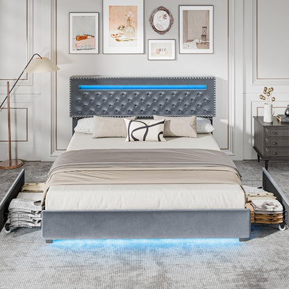 Queen Size Bed Frame with LED Lights Velvet Upholstered Platform with Storage f