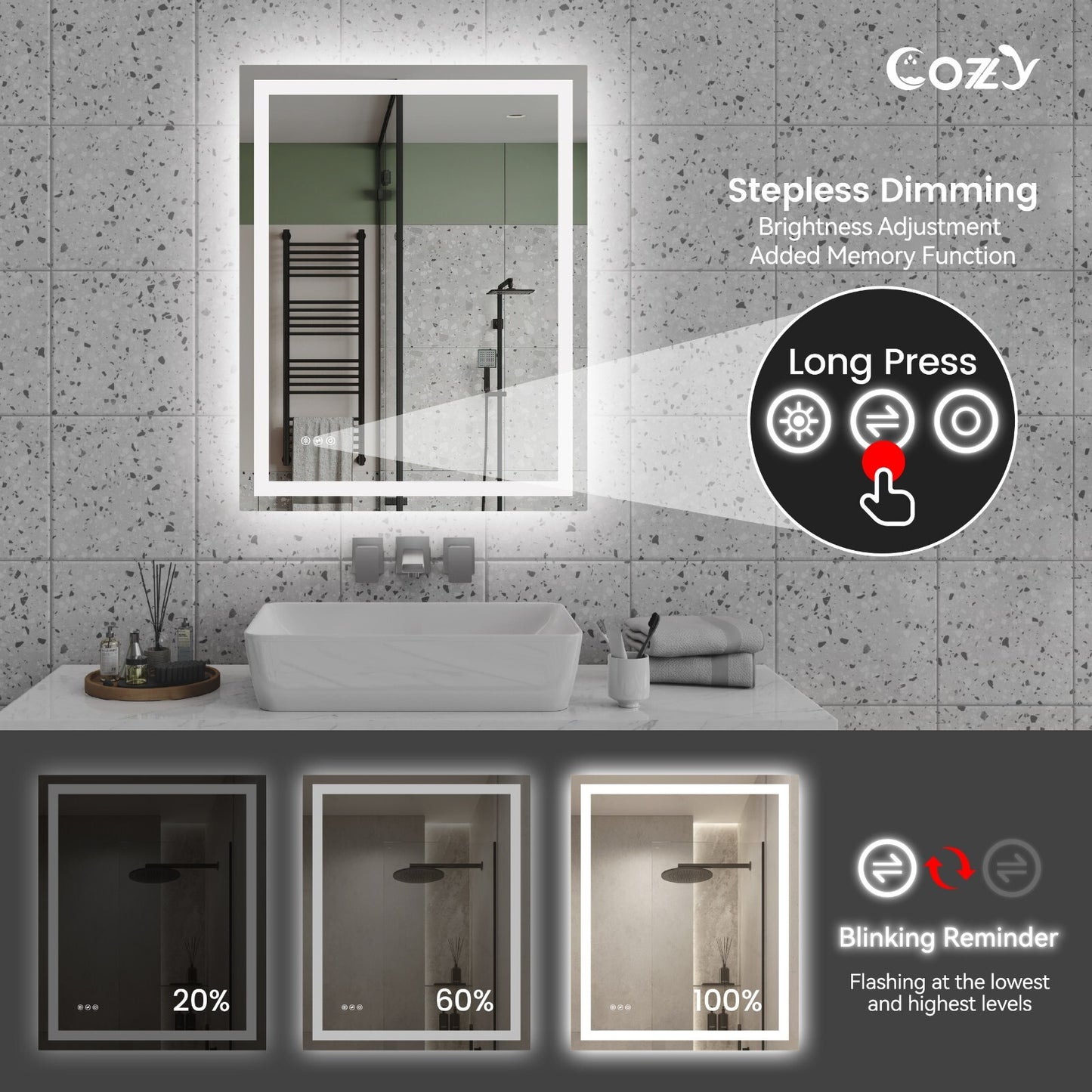 28x36'' LED Bathroom Mirror Wall Vanity Mirror Dimmable Anti-fog Tempered Glass