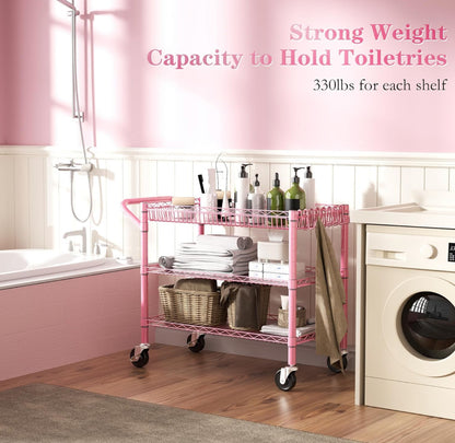 Heavy Duty Utility Cart with Handle 990lbs Capacity Metal 3 Tier Rolling Carts