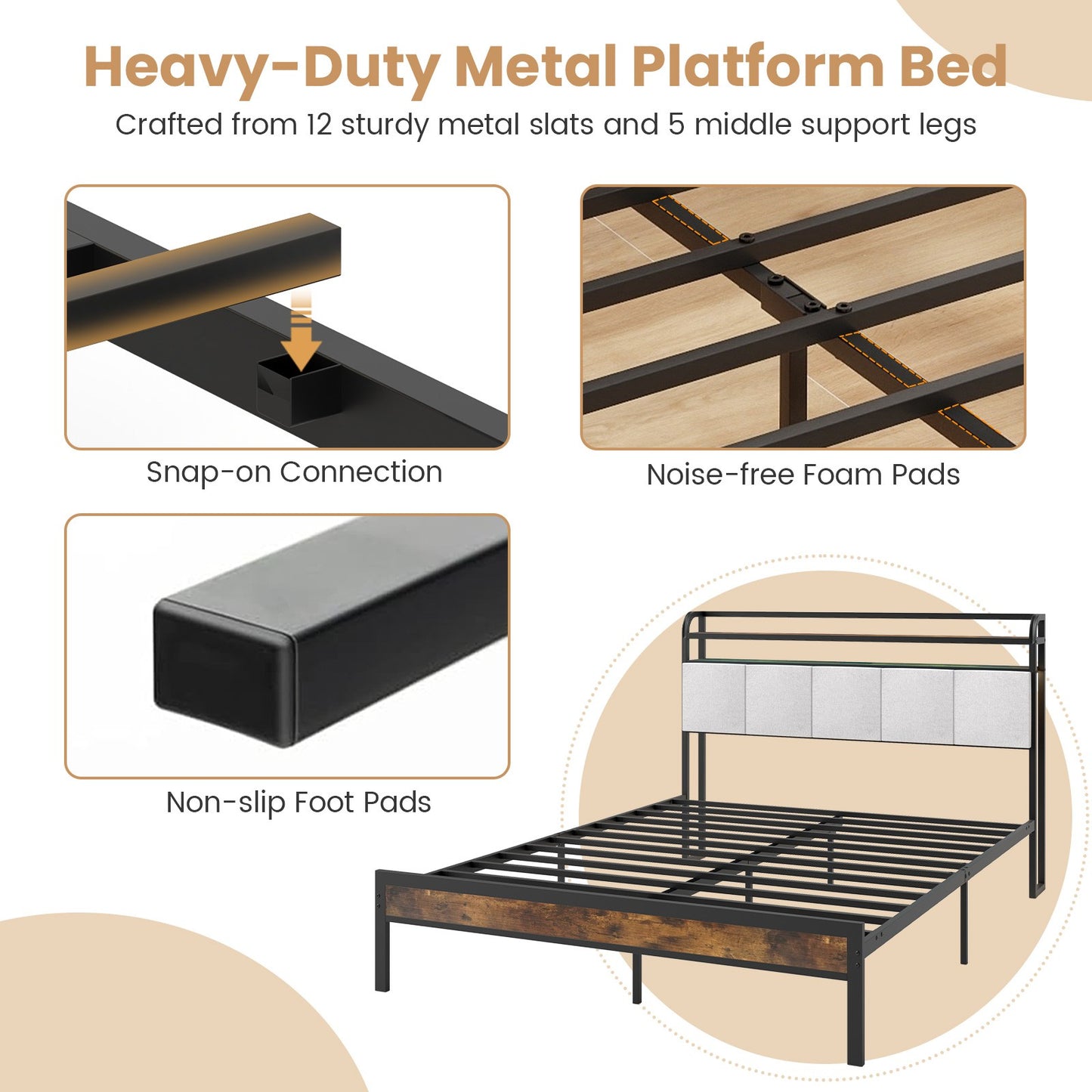 Queen Size Bed Frame w/LED Light & Charging Station Heavy Duty Metal Platform