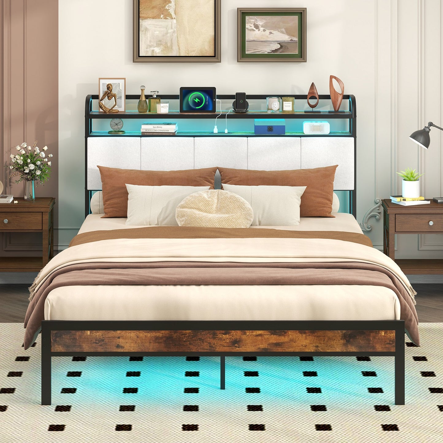 Queen Size Bed Frame w/LED Light & Charging Station Heavy Duty Metal Platform