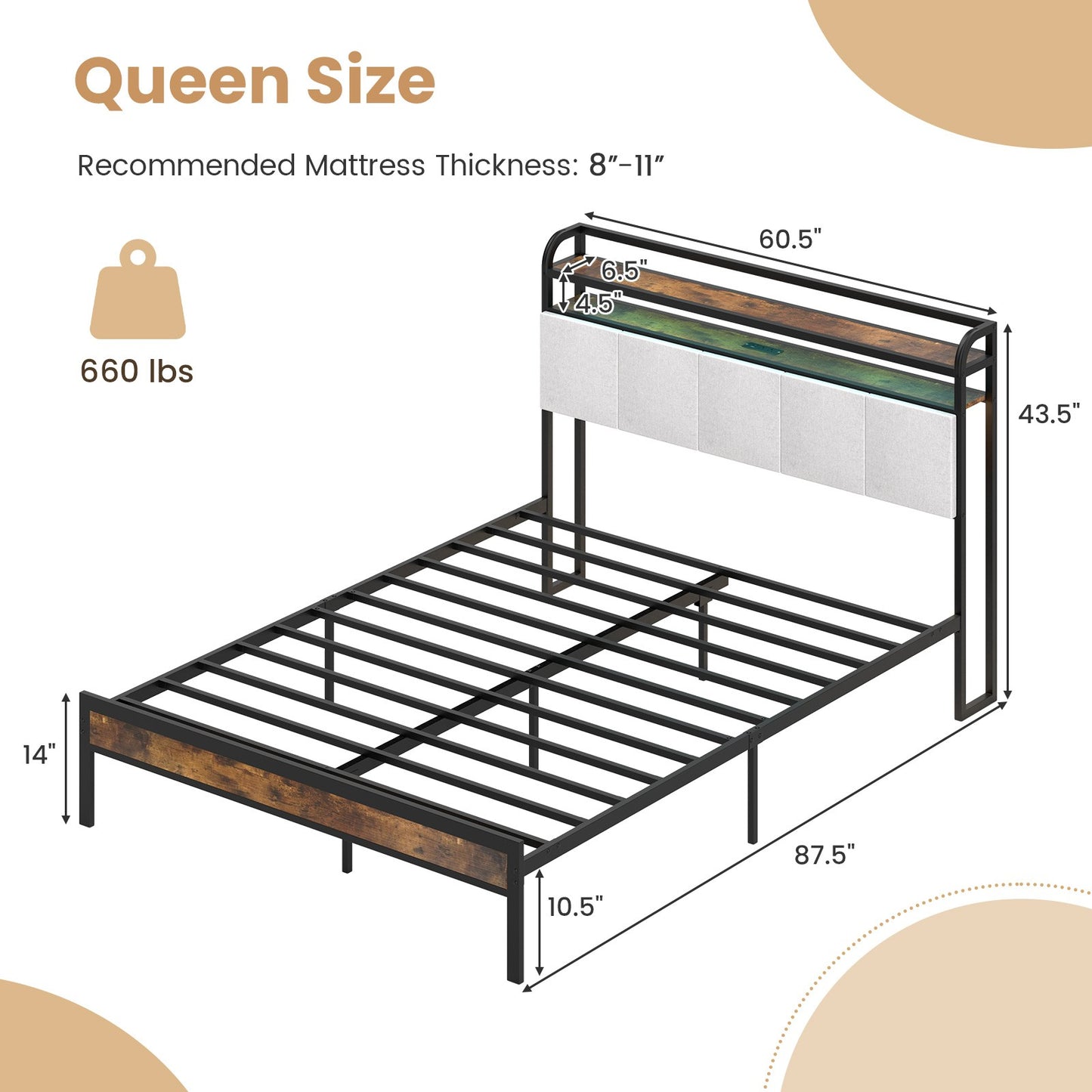 Queen Size Bed Frame w/LED Light & Charging Station Heavy Duty Metal Platform
