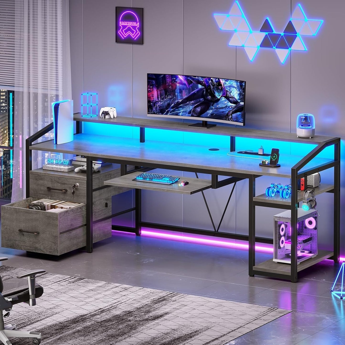 Computer Desk with LED Lights & Power Outlet, Office Desk with Lockable Drawers