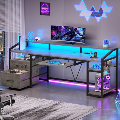 Computer Desk with LED Lights & Power Outlet, Office Desk with Lockable Drawers
