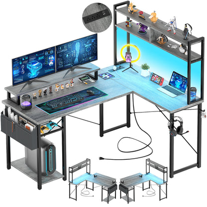 Reversible L-Shaped Computer Desk Gaming Desk with LED Lights and Power Outlets