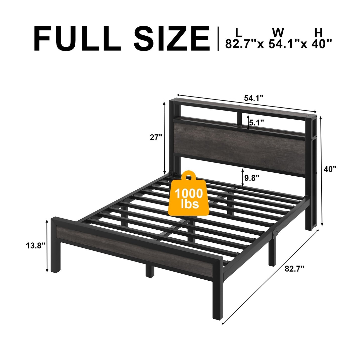 LED Light Bed Frame with 2-Tier Storage Headboard and Charging Station/Grey